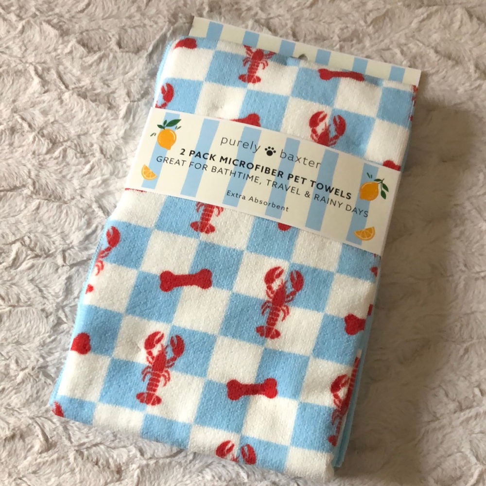 Purely Baxter Blue & White Check Microfiber Pet Towels with Red Lobster Print